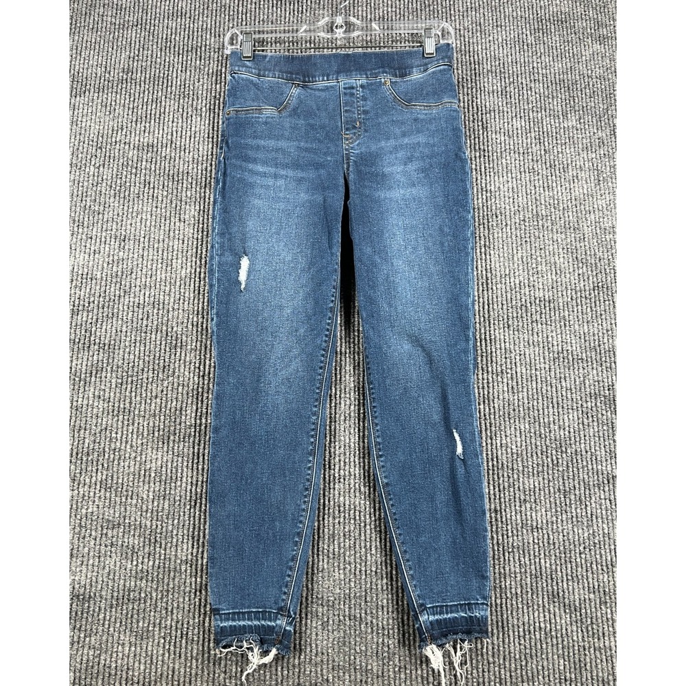 Spanx Jeans Womens Small Petite Blue Distressed Ankle Skinny Pull On Denim Casua
